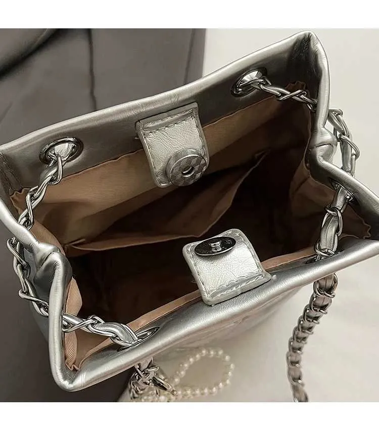 Damen Ledertasche Bucket Bag Schultertasche Mit Kettengliedern_voghion.com