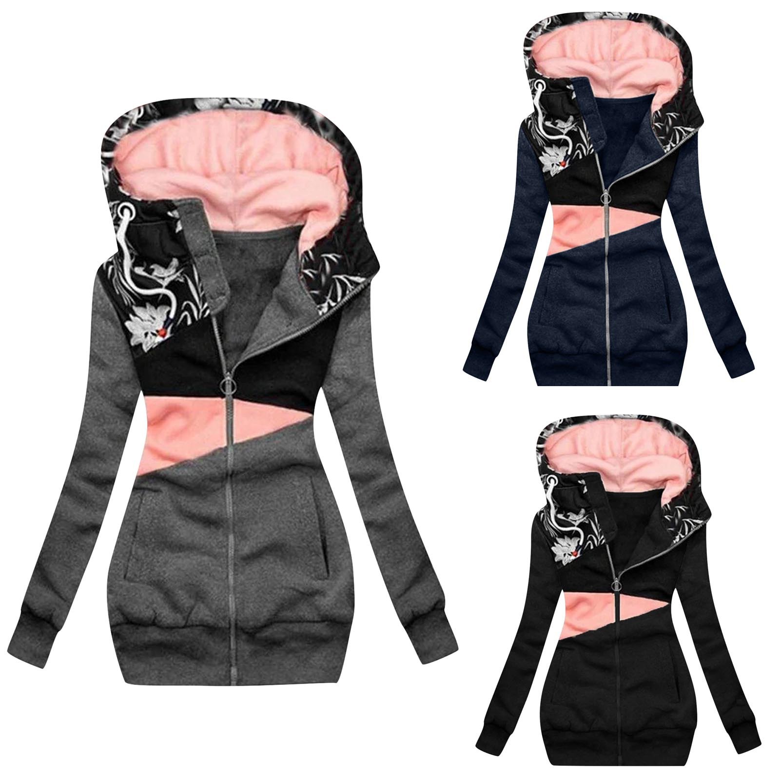 9736 # 2024 Veste à capuche à manches longues et à fermeture éclair pour femme avec imprimé en blocs de couleurs