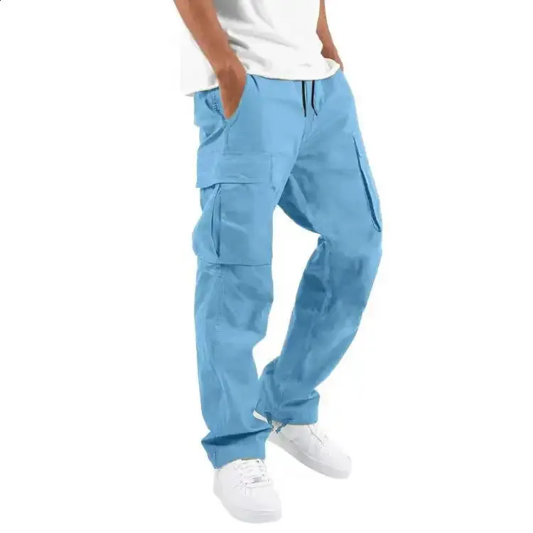 Calças para homens comprimento total cor sólida solta vários bolsos bolsos com cordão calças cargo masculinas 3XL 240813_voghion.com