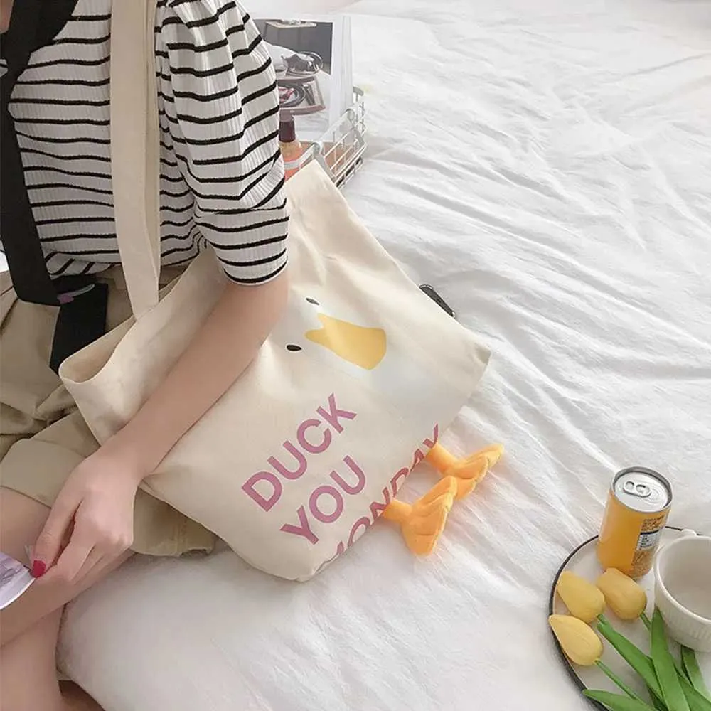Neue warme Shopper süße Ente Papier Box Druck Casual Kai Baumwolle Canvas Einkaufstasche Y241109_voghion.com