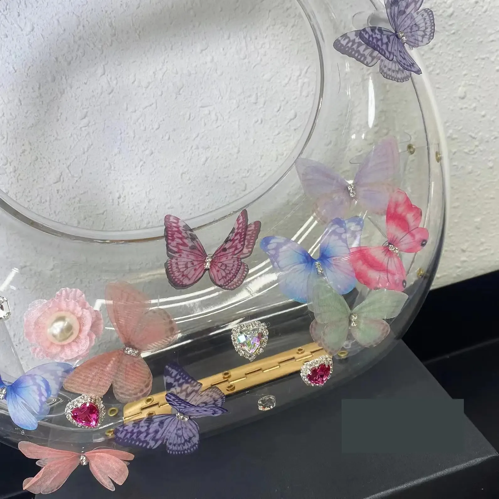 Borsa a tracolla in acrilico con decorazione a farfalla da donna, trasparente, per matrimonio, sera, festa, borsa rotonda 2024, borsa a mano 240907_voghion.com