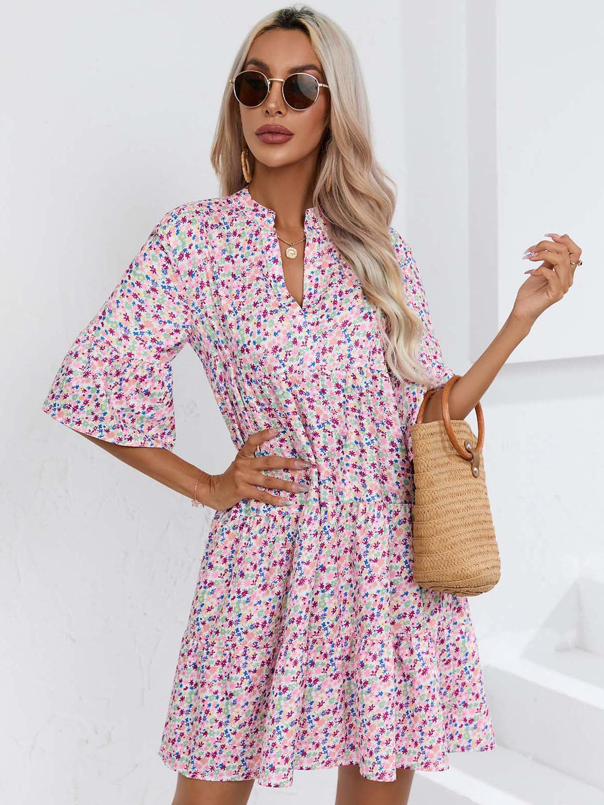 Abito da donna con gonna corta casual con scollo a V allentato estivo 2023_voghion.com
