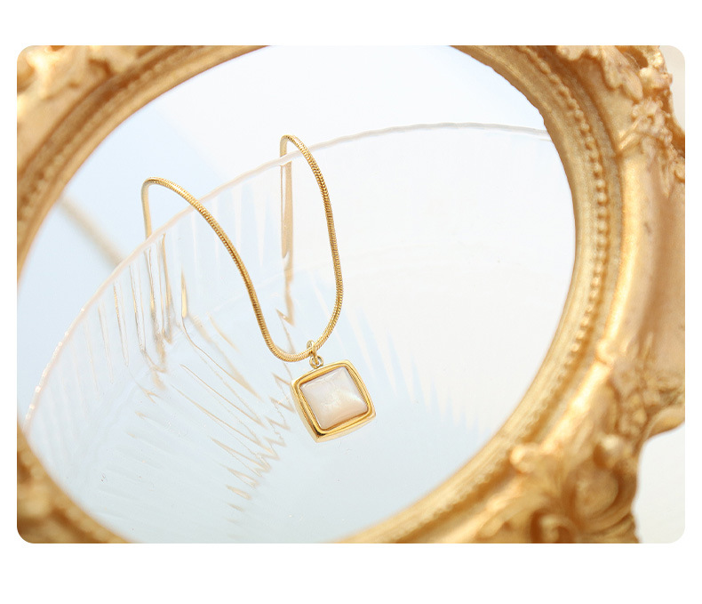 French Instagram Cool Wind Square White Sea Shell Pendant Necklace with Small Design Titanium Steel Gold Plated Round_voghion.com