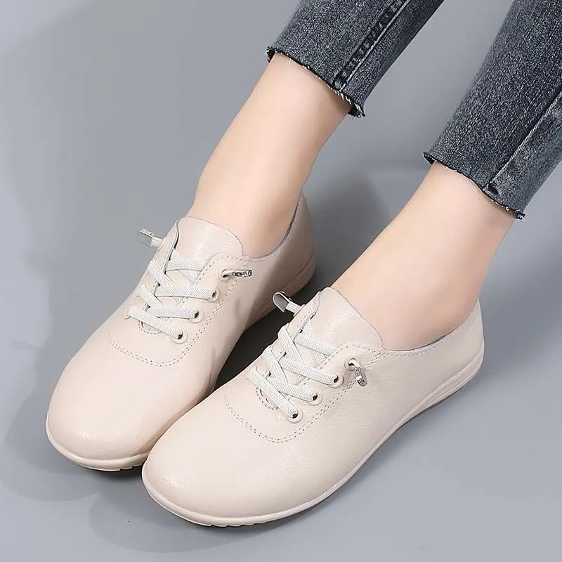 Chaussures plates en cuir blanches pour femmes, nouvelles chaussures de printemps, à enfiler, à semelle souple, décontractées, 456_voghion.com
