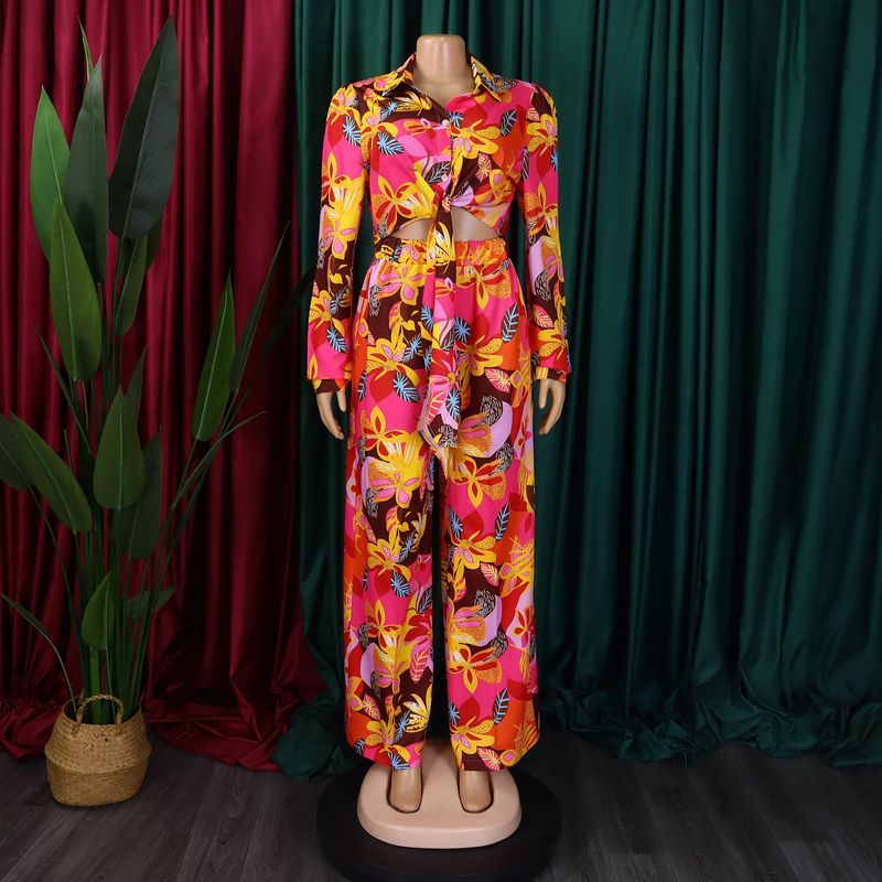 Women's Fashion Print Two-piece Lapel Tie Shirt Wide Leg Pants Suit_voghion.com