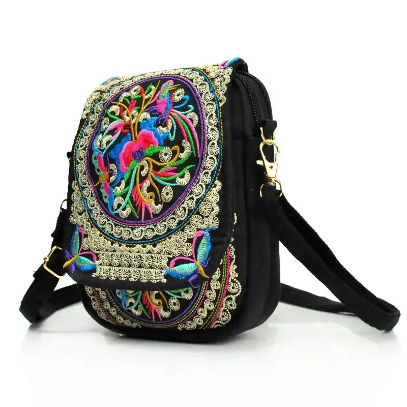 Pochette de voyage à bandoulière pour femme, sac à bandoulière vintage à fleurs avec fermeture éclair et broderie pour téléphone portable, petit sac à main_voghion.com
