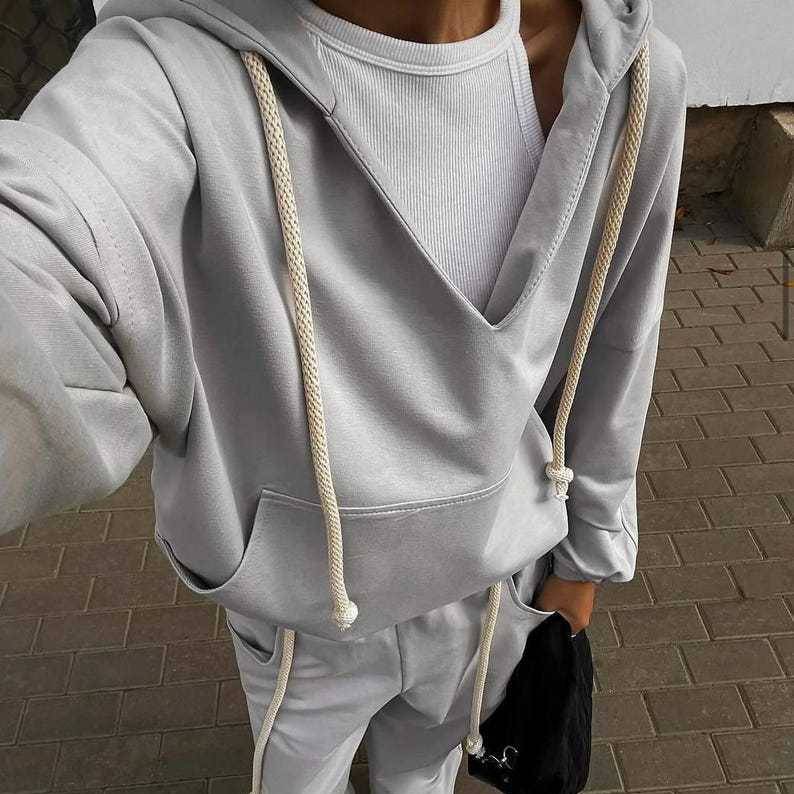 ​​"Women's V-Neck Hoodie & Jogger Set – Breathable Loungewear Two-Piece In Light Grey/Blue/Beige/Black_voghion.com