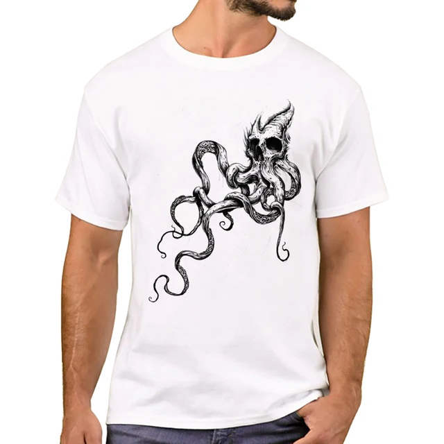 TEEHUB Modisches Herren-T-Shirt mit Retro-Totenkopf und Oktopus-Aufdruck, kurzärmelig_voghion.com