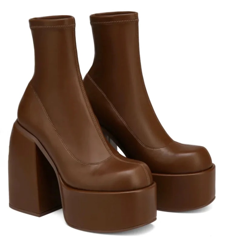 Bottes modernes femmes plate-forme ronde T botte en cuir talons épais fermeture éclair concepteur bloc talon Shs mode filles décontracté_voghion.com