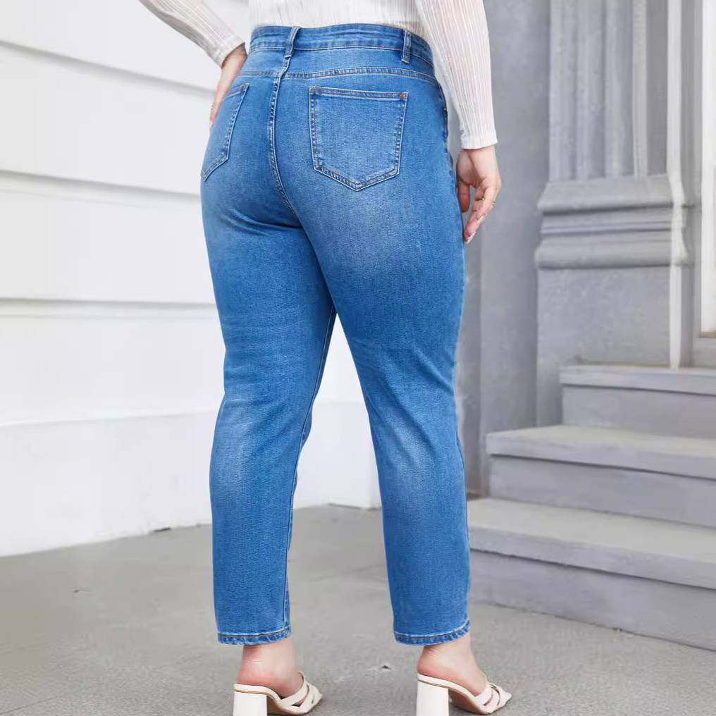 Women's Clothing Plus Size Denim Harem Pants European American Style Stretch Tapered Pants For Chubby Women Extra Large Size_voghion.com