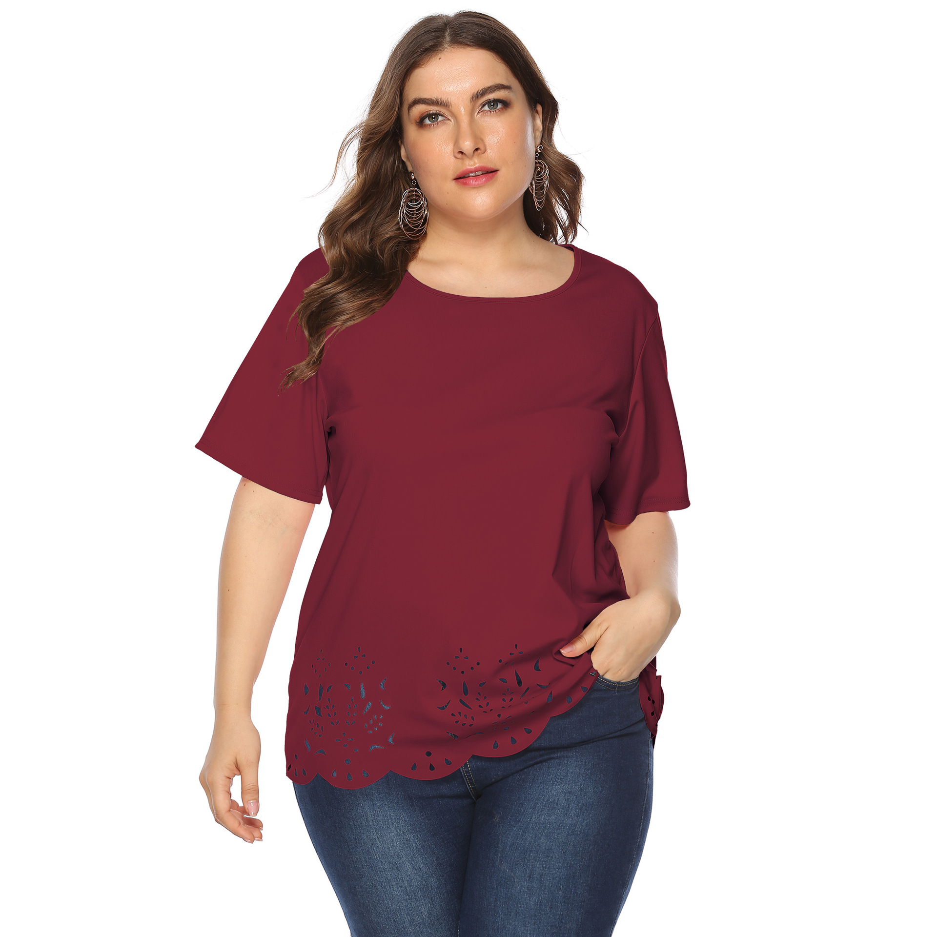 Women's tops large size women's clothing solid color burnt flower hollow wave edge casual short-sleeved T-shirt_voghion.com