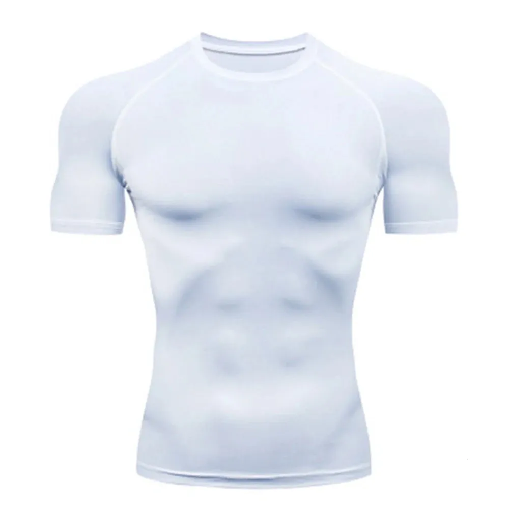 T-shirt de compression d'été pour homme, blanc, manches courtes, respirant, séchage rapide, haut de sport long, 241108_voghion.com