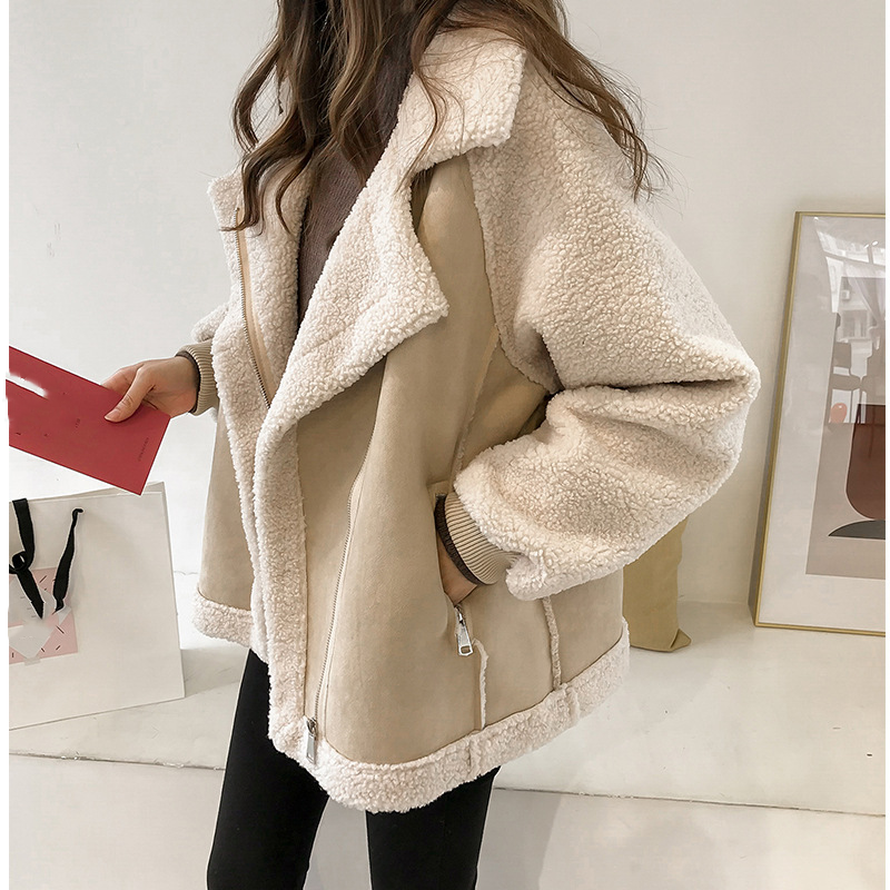Women's Clothing chic loose fur one piece suede jacket women's short lamb velvet motorcycle jacket