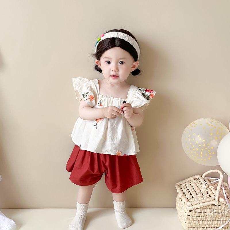 New Baby Girl Cotton Clothes Set Flower Embroidered Top+Red Shorts Summer Kids Clothes_voghion.com