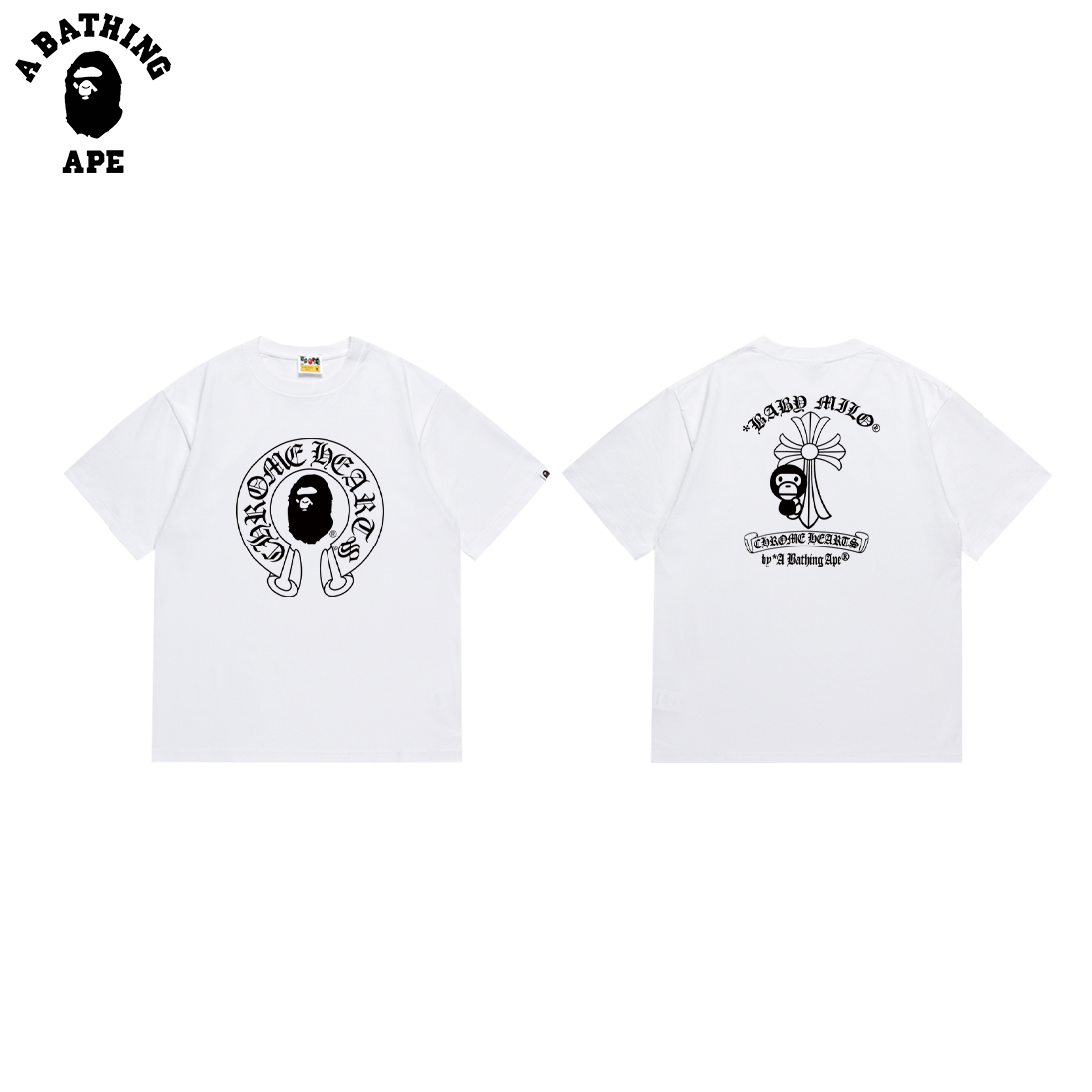A BATHING APE BAPE-BAPE&Chrome Ape Head Co Branded Croheart Classic Letter Printed Cotton Short Sleeved T-shirt