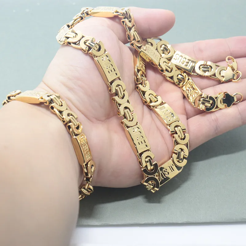SET DI GIOIELLI Set di bracciali con collana in acciaio inossidabile a maglia piatta bizantina con catena da uomo da 11 mm_voghion.com