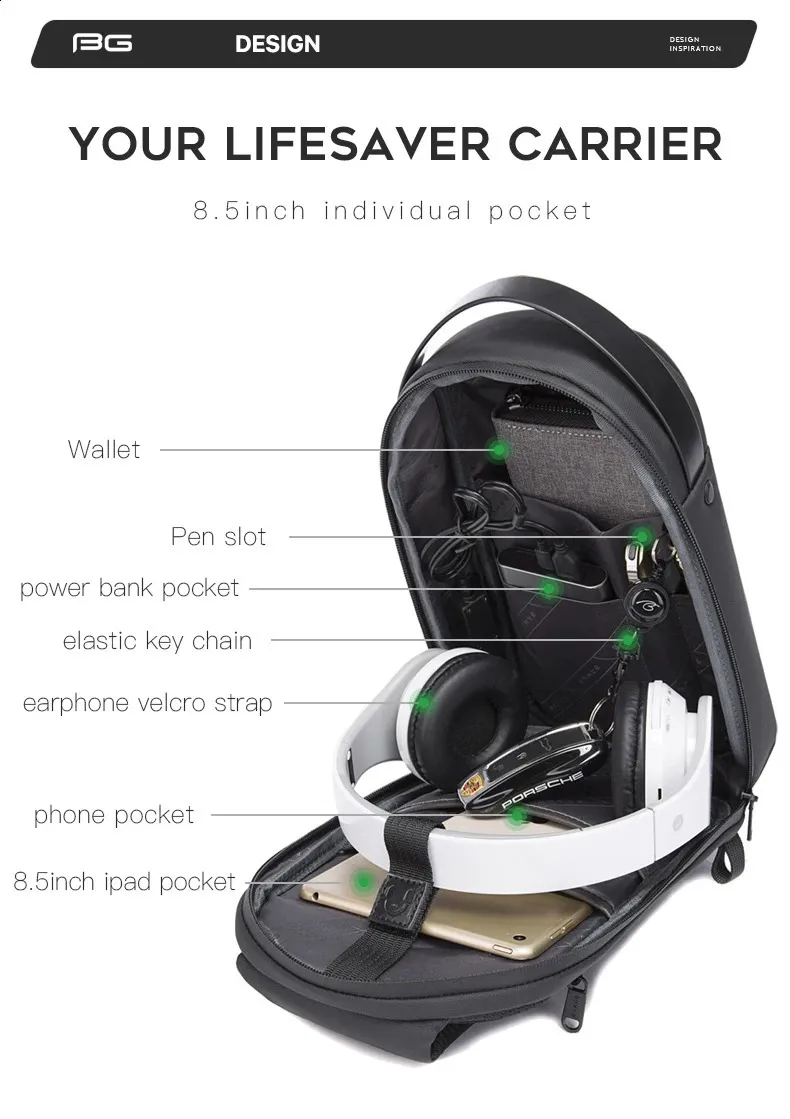 BANGE Borsa a tracolla multifunzione USB da uomo in TPU impermeabile da viaggio Sg Messenger Pack per uomo 240924_voghion.com