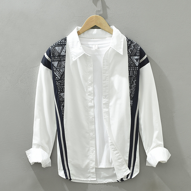 1325 chemise à manches longues pour hommes à la mode rétro couture imprimé petit haut ample une pièce droite