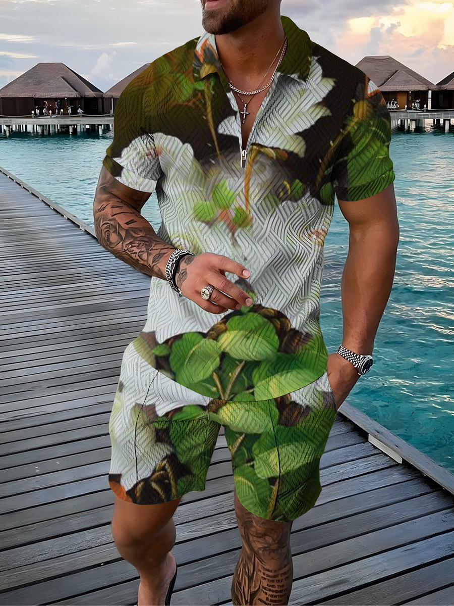 Men's 2pcs, Red Dots Pattern, Trendy Comfy Zip Polo And Plain Drawstring Waistband Shorts Set_voghion.com