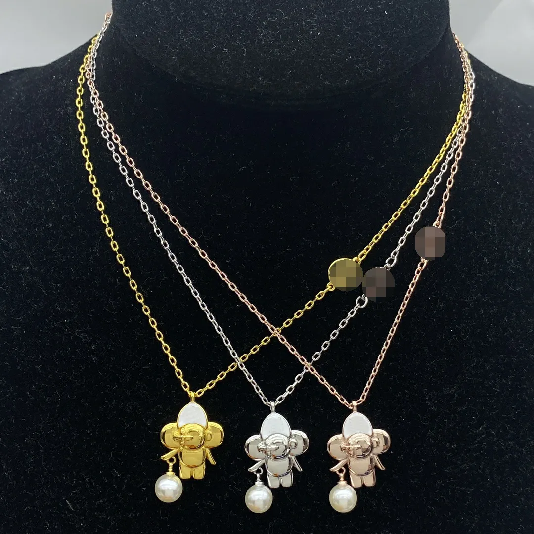 Paar Halsketten Vierblättriges Kleeblatt Astronaut hält Perlenanhänger Halskette Zubehör Schmuck mit Original Staubbeutel_voghion.com