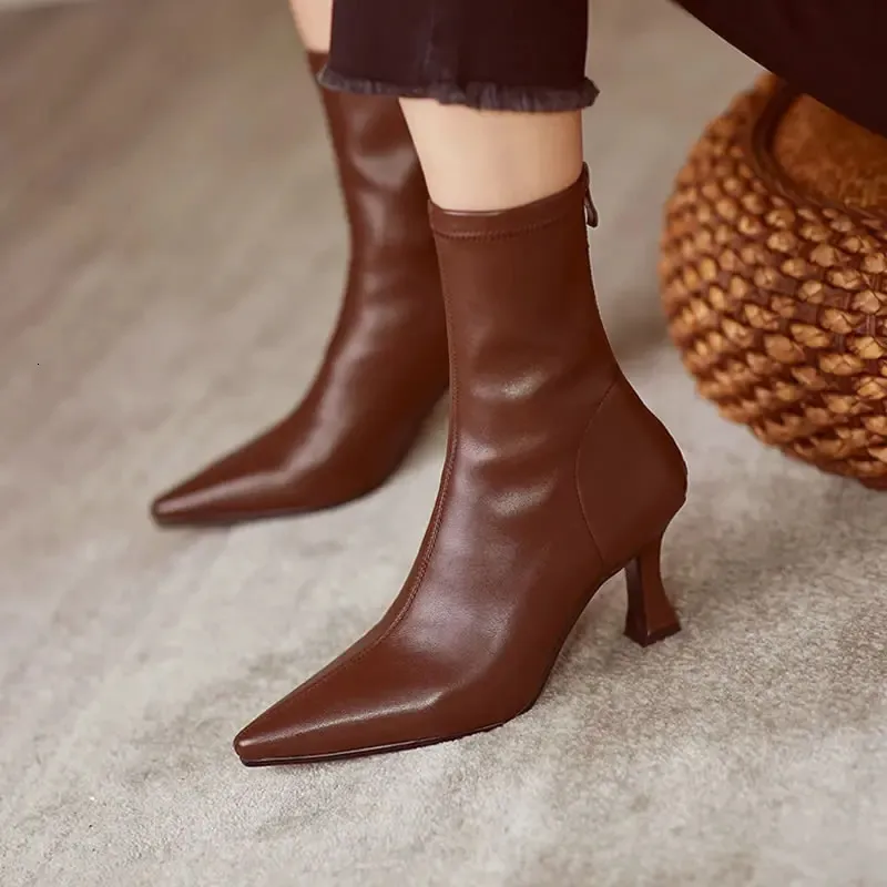 Women Pointy Soft Leather Brown Elastic Famele Stiletto Heels Shoes Ladies Ankle Back Zipper Boots 240617_voghion.com