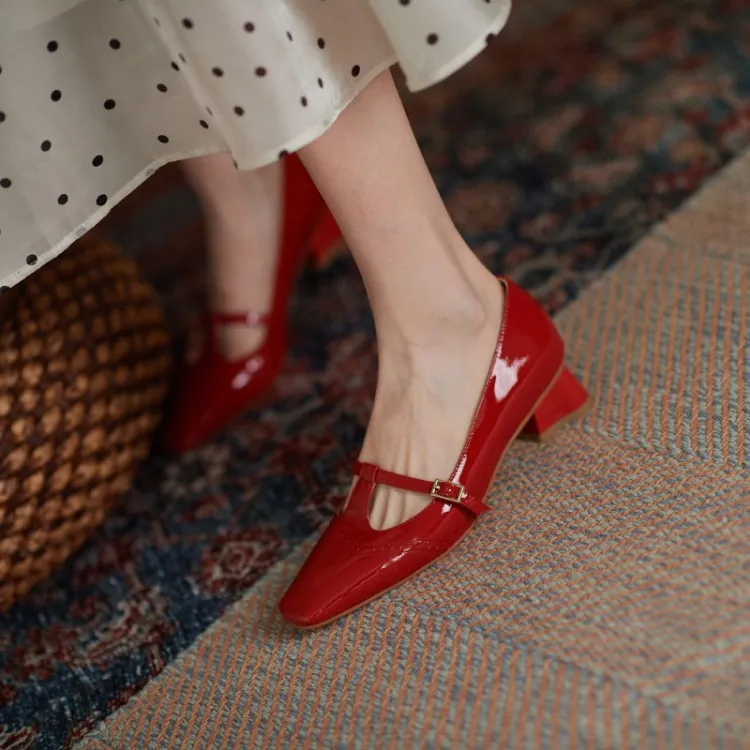 Shoes Spring/Autumn Patent Leather Solid Color T-shaped Buckle Pumps Square Toe Chunky Heel Versatile Mary Jane For_voghion.com