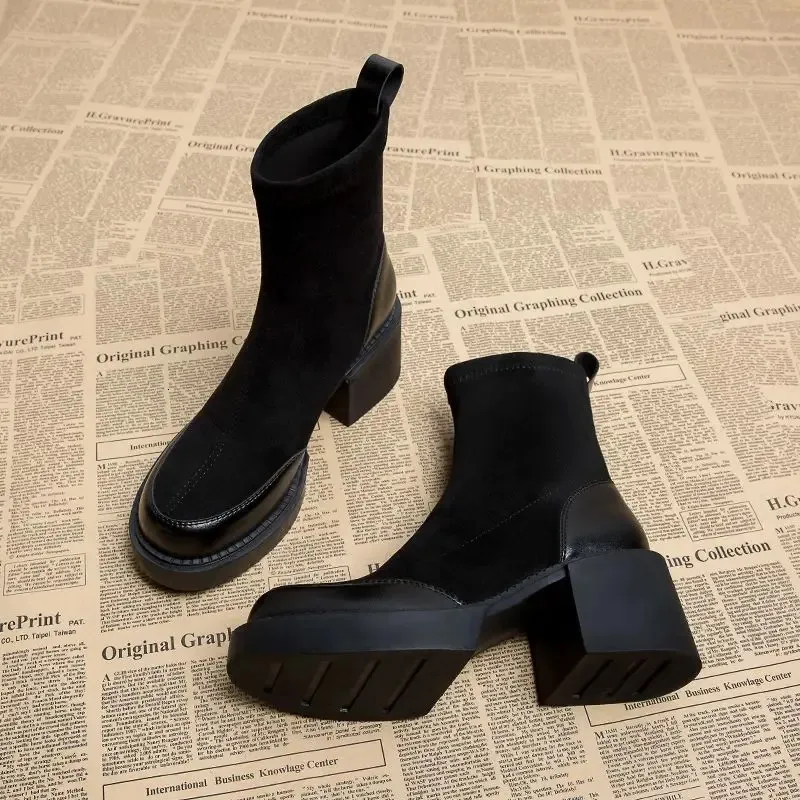 Woman For Short Black Shoes Womens Ankle Boots Sock Footwear Combat Booties Very High Heels Suede Punk Style Heeled_voghion.com