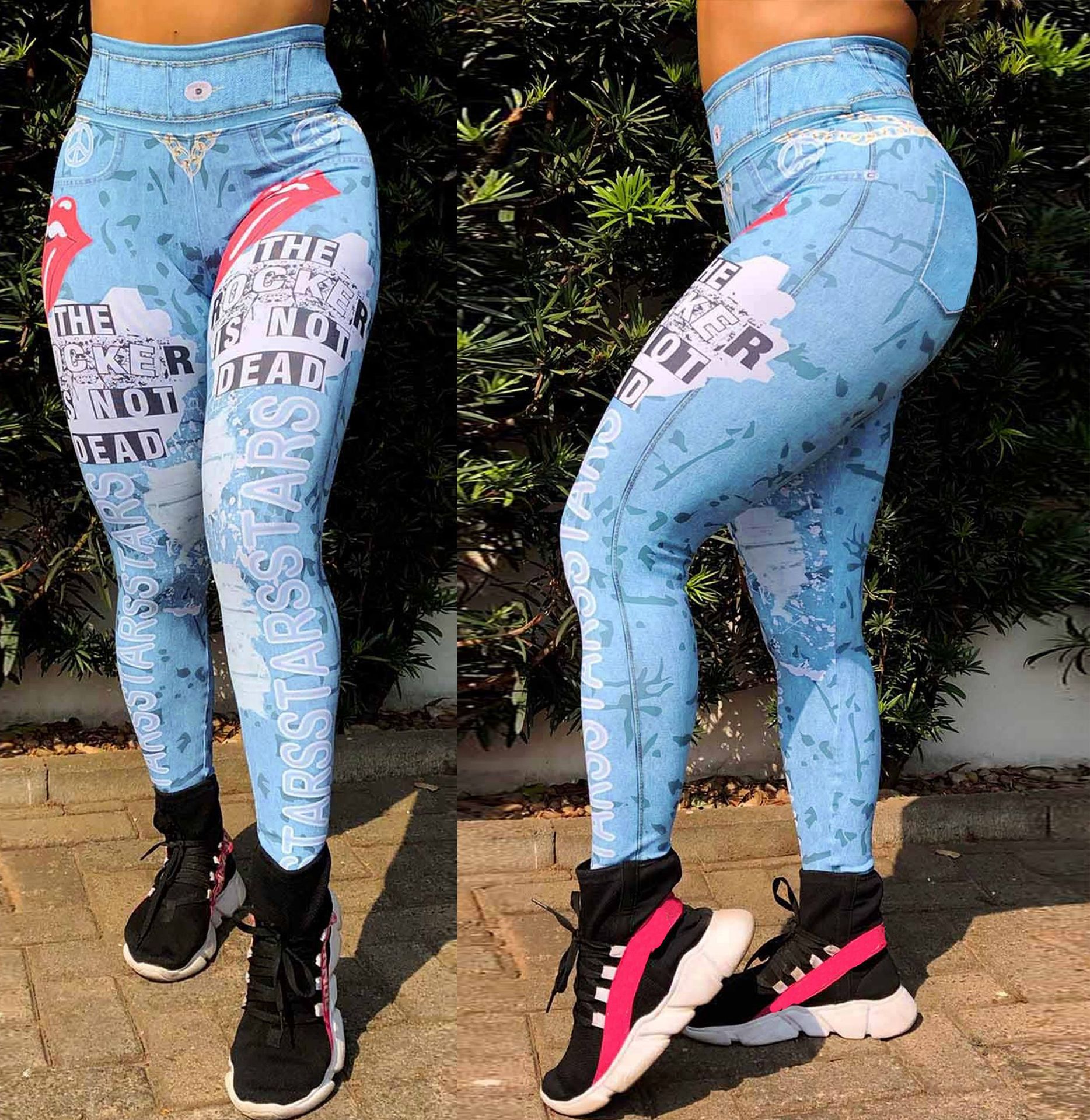 Women's New Style Women's Big Tongue Letter Printed Yoga Pants High Waist Imitation Denim Fitness Pants Sports Yoga_voghion.com