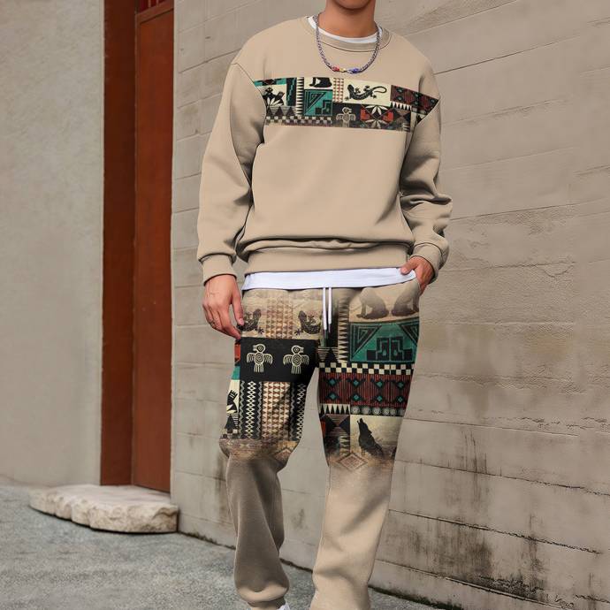 ​​Bohemian-Inspired Men's Casual Tracksuit - Long Sleeve Crewneck Sweatshirt & Jogger Pants Set (24 Color Options, Sizes S-3XL)​​_voghion.com