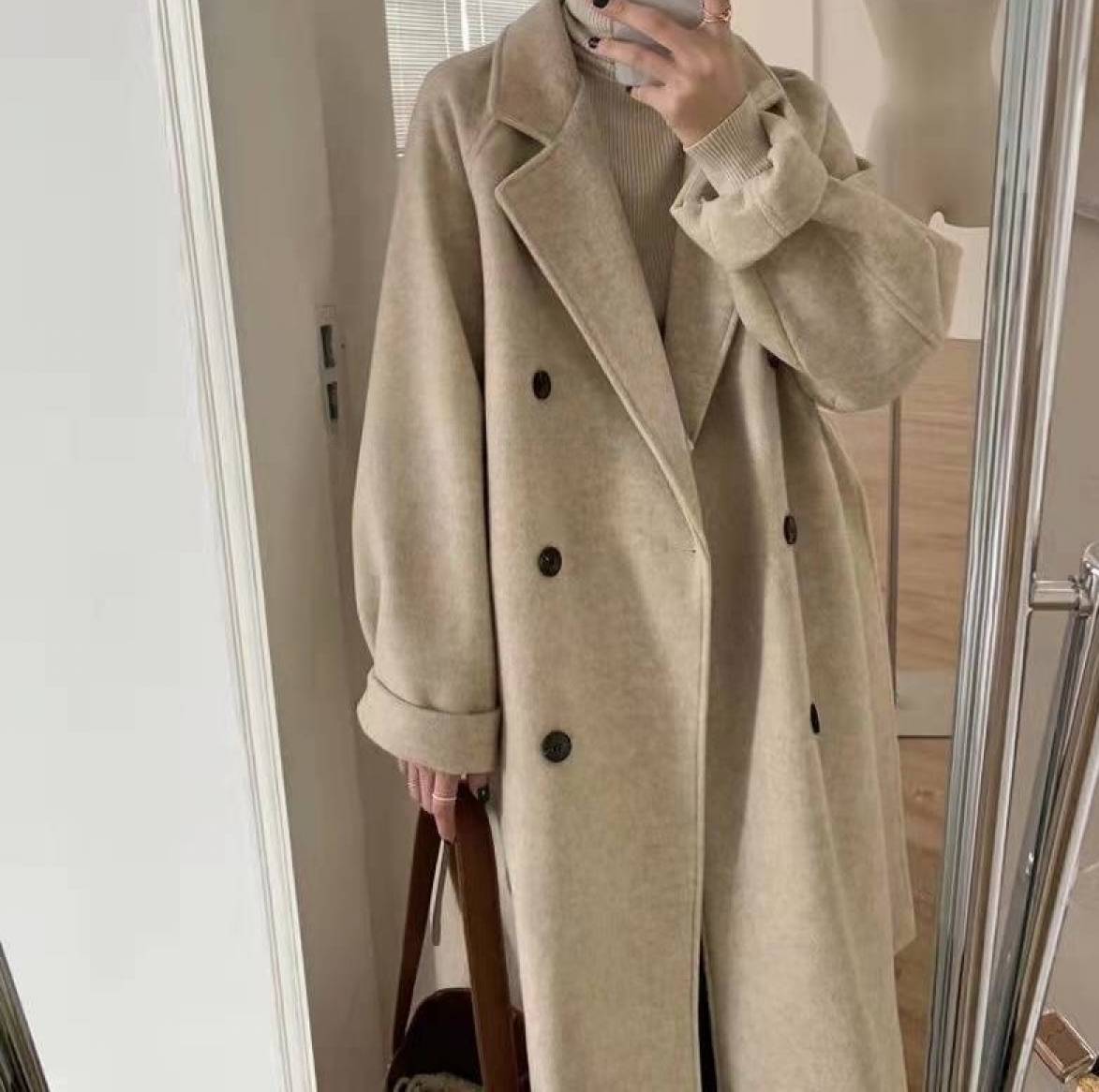 Xi Wu Women's Elegant Woolen Coat, Stylish and Warm Outerwear, Thickened Mid-length Jacket for Autumn and Winter, Hepburn Style