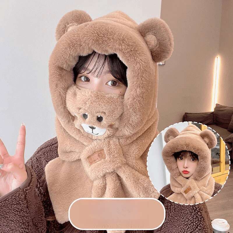 Gorro de osito de peluche, bufanda de una pieza para mujer, bonito gorro de invierno para montar a caballo, cálido con orejeras de felpa._voghion.com