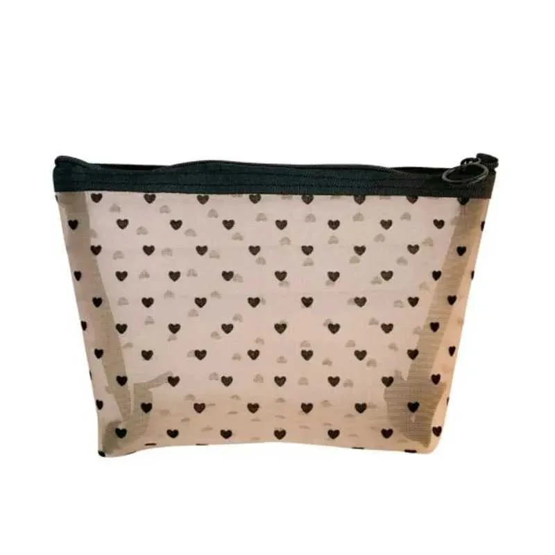 Estuche de malla con estampado en forma de corazón para cosméticos, neceser de maquillaje, bonito estuche transparente con cremallera, color negro, fácil de llevar, Y241023_voghion.com