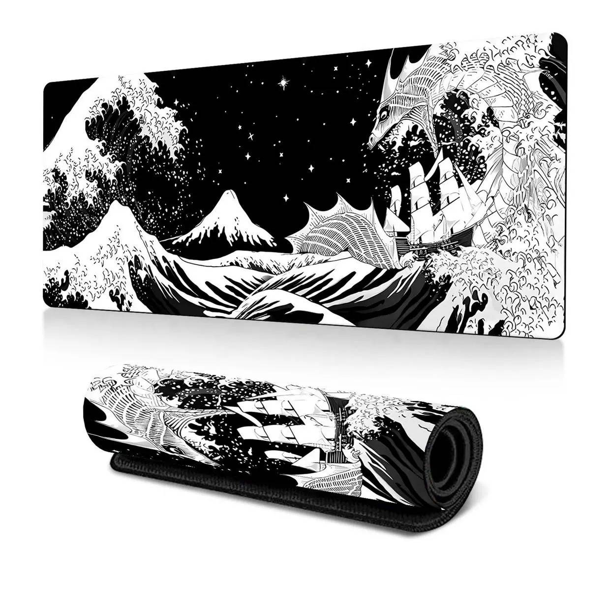 Großes Mauspad mit schwarzen und weißen Wellen und Naht, großes Schreibtischpad fürs Büro, Schreibtischpad für Esports, rutschfestes Mauspad, 80 x 30 cm