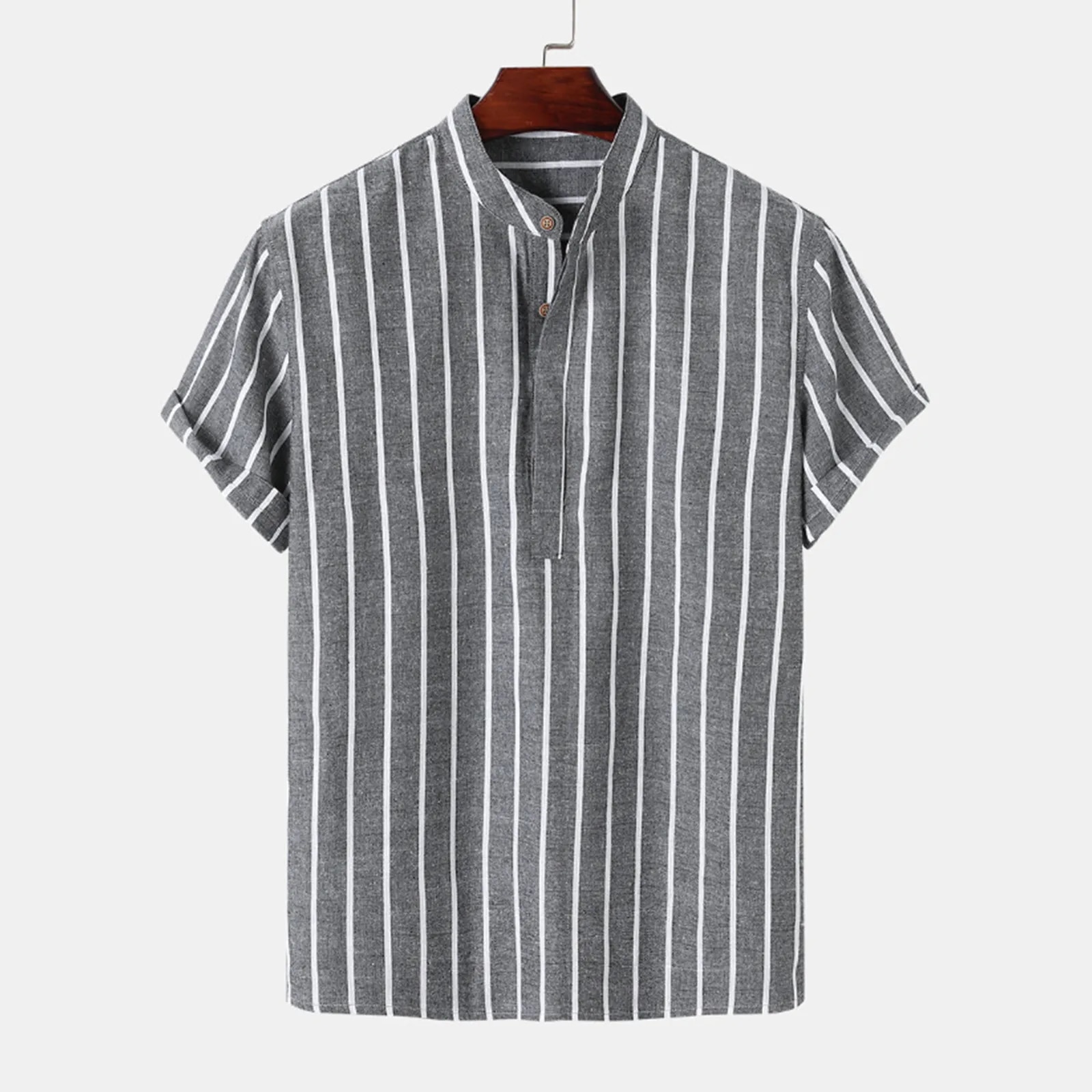 Summer Male Casual Stripe Printing Shirt Short Sleeve Stand Collar Blouse Tops For Mens Outdoor Beach Shirts рубашка_voghion.com