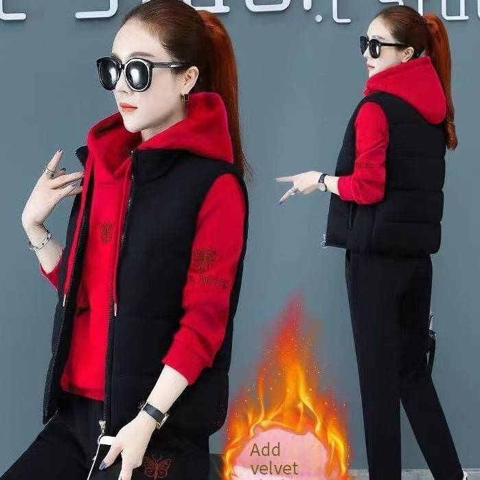 Women's Winter 3-Piece Fleece-Lined Vest Set - Thickened Thermal Tracksuit For Moms & Seniors With Pockets & Embroidery​_voghion.com