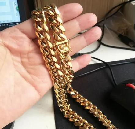 Colar de Aço Inoxidável Jóias Banhado a Ouro Alto Polimento Miami Cuban Link Homens Punk 14mm Corrente Curb Fecho Duplo de Segurança_voghion.com