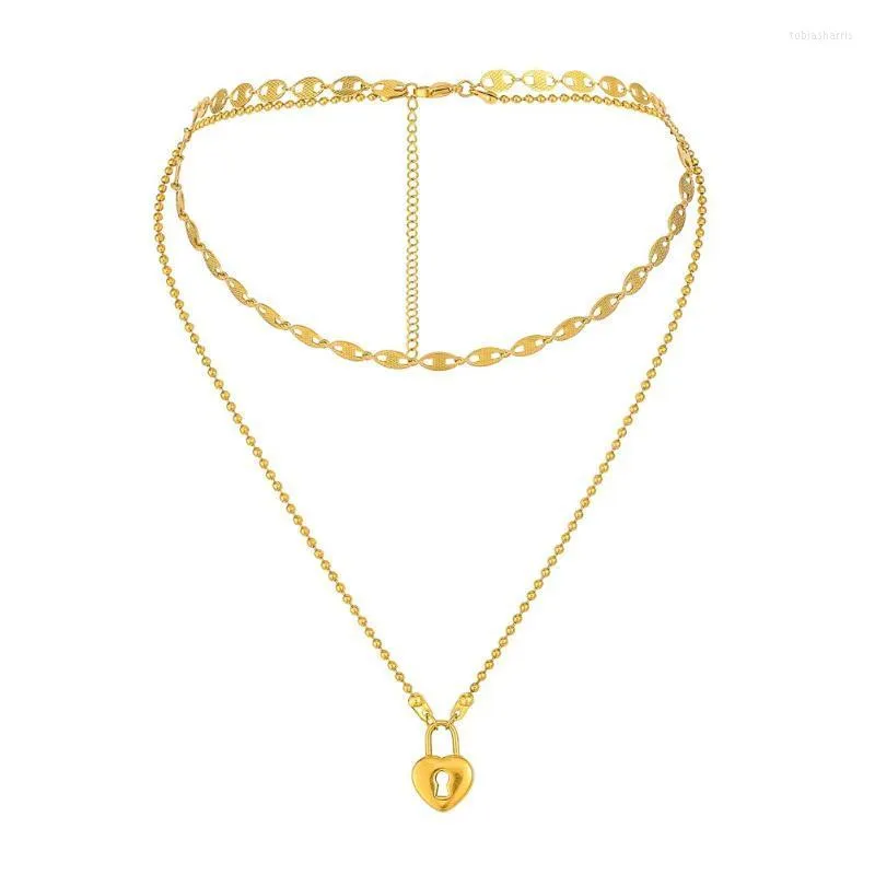 Collane con ciondolo ModaAcciaio inossidabile Collana a forma di cuore con lucchetto per donna Catena d'amore Oro Doppio girocollo Gioielli impermeabili_voghion.com