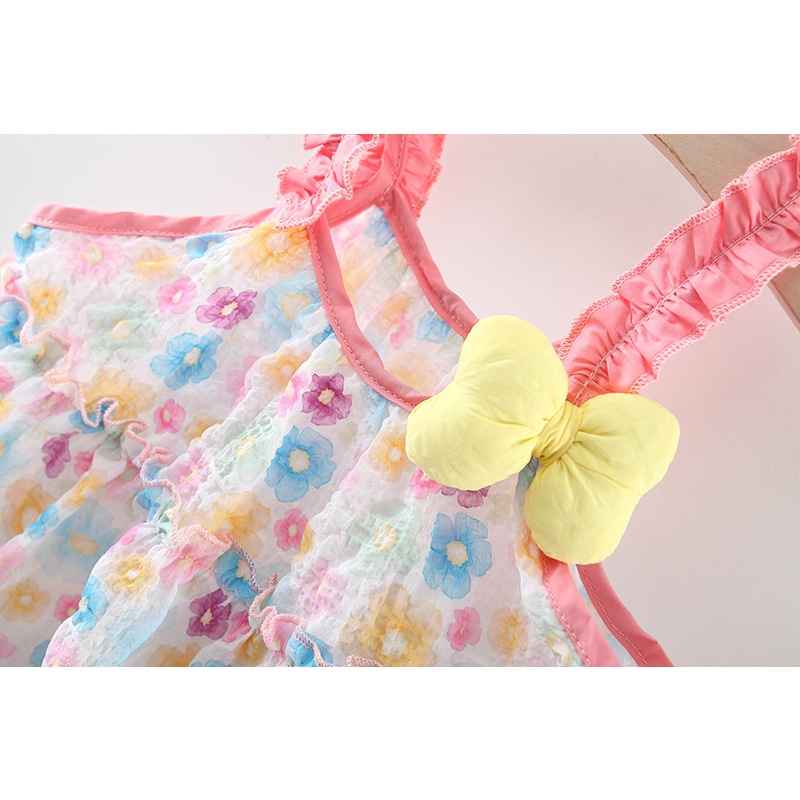 Neues Sommerkleid für Mädchen, rosa, Strand, lässig, bequem, mit Riemen, fragmentiertes Blumenkleid, Fliege, Netz, gefaltetes Strandkleid_voghion.com
