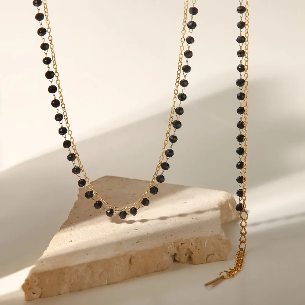Lanțuri stil boho din oțel inoxidabil cu mărgele negre și piatră de sticlă dublă colier felie accesorii pentru femei_voghion.com