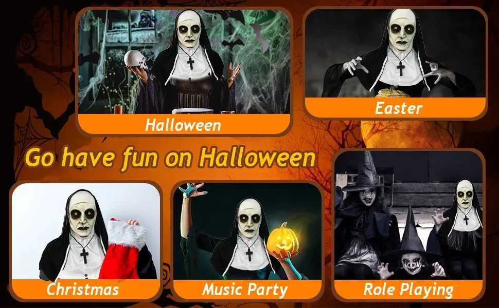 Läskig latexmask med korshalsband och huvudbonad Halloweenfest maskerad nunnadräkttillbehör Y240829_voghion.com