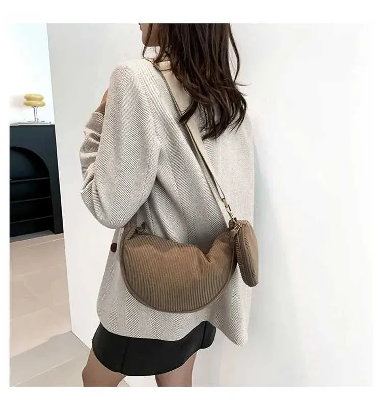 Borsa a tracolla casual in velluto a coste da donna Hobos, semplice, tinta unita, borsa a tracolla da donna, versatile, da pendolare_voghion.com