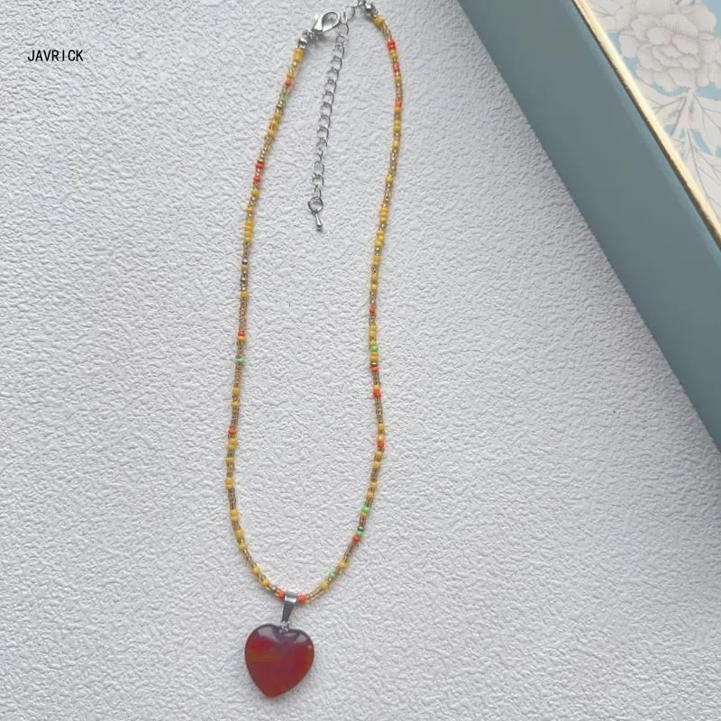 Beaded Heart Pendant Necklace Adjustable Colourful Choker Chain_voghion.com