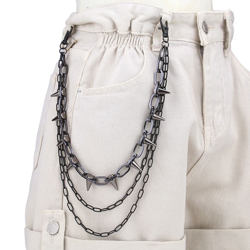 Pantalon à rivets en métal noir style hip-hop punk, chaîne de taille multicouche, accessoires pour jeans_voghion.com