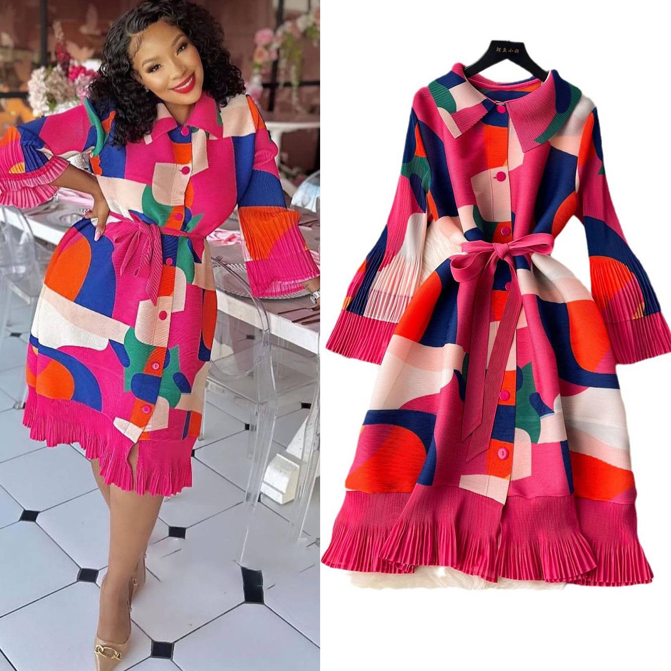 Women's Clothing retro high end pleated print women's summer loose slim casual pleated waist mid length dress