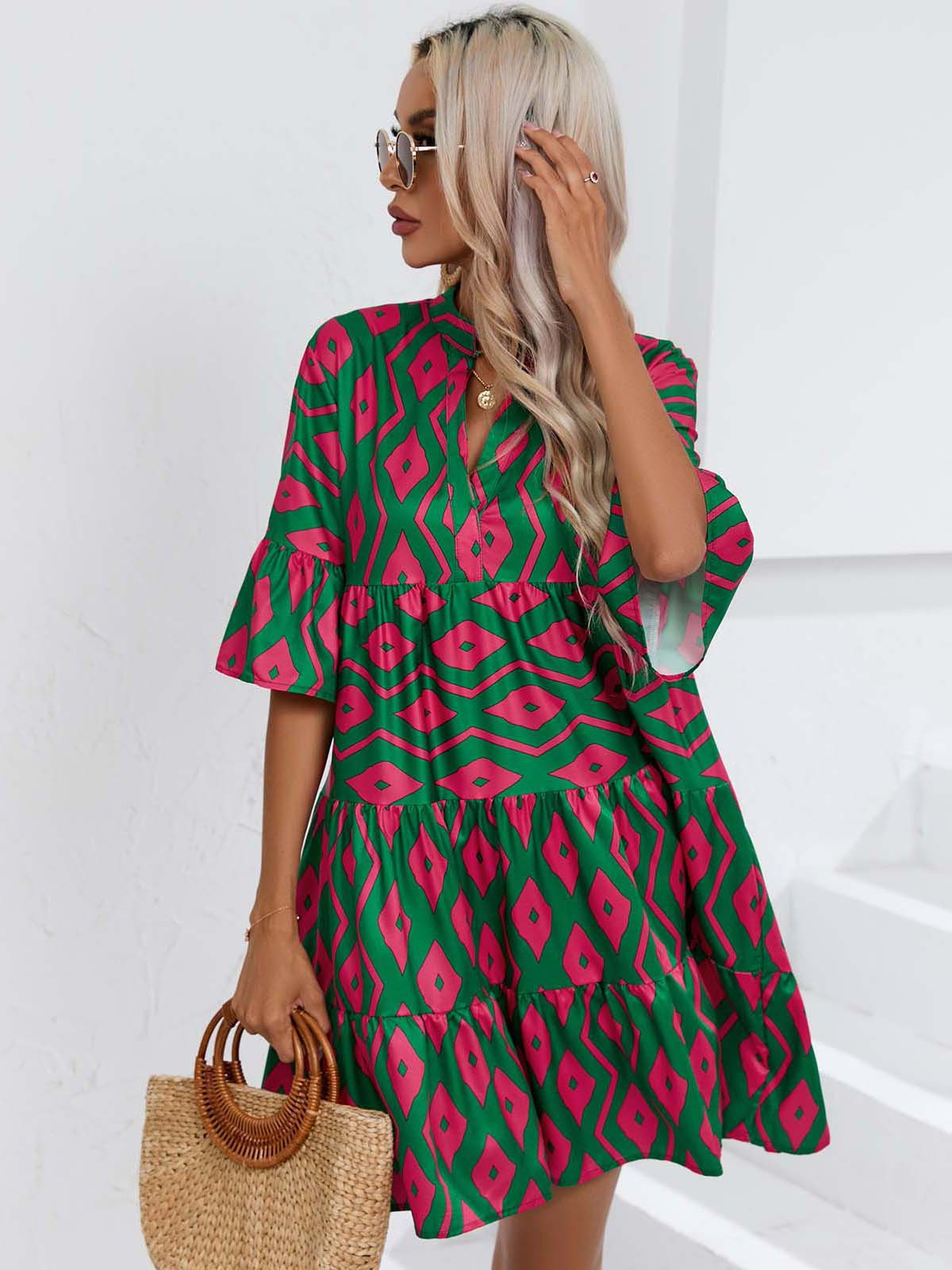 Abito da donna con gonna corta casual con scollo a V allentato estivo 2023_voghion.com