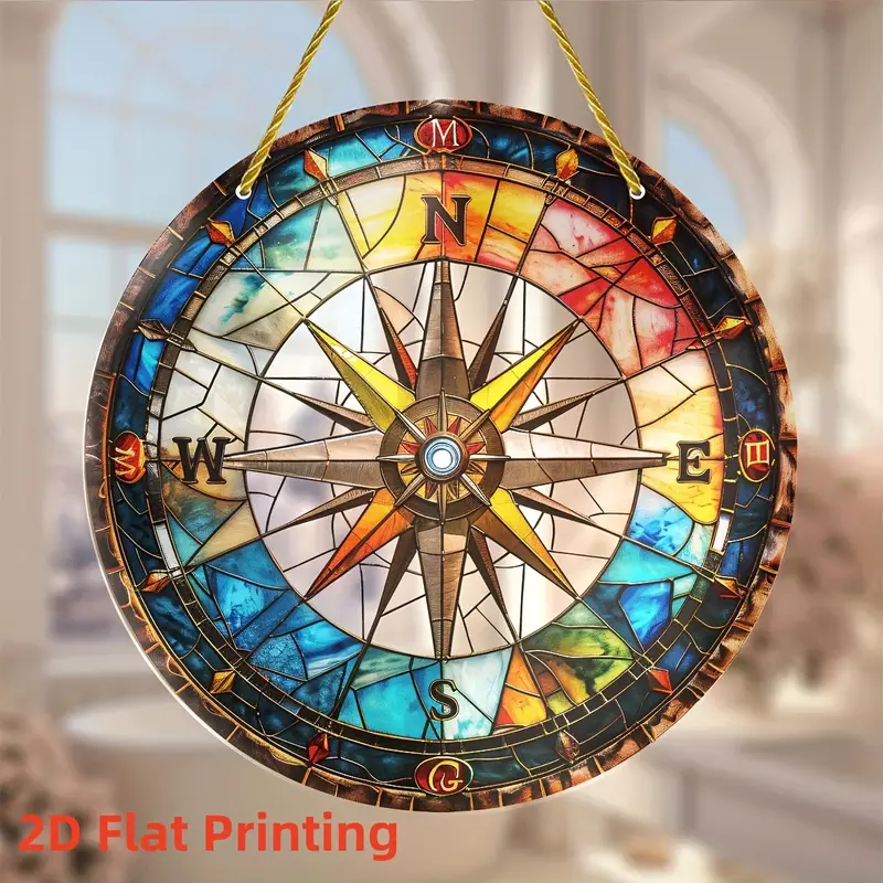 Nautical Compass Suncatcher - 8" Acrylic Art. Colorful Window Decor For Home Or Office, Perfect As A Thoughtful Gift._voghion.com