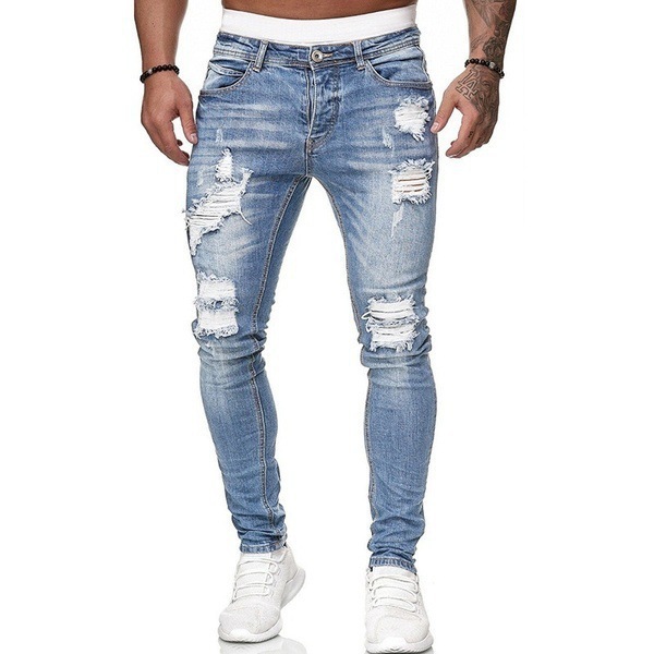European And American New Men’s Jeans Casual Slim-fitting Small Feet Men’s Ripped Pants Versatile