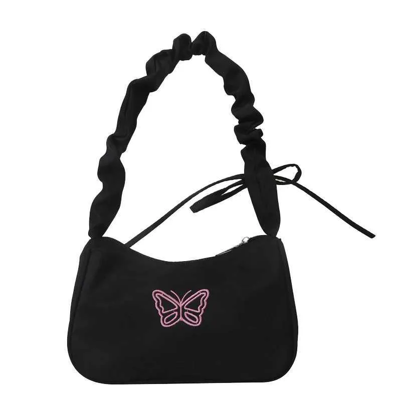 Cute Embroidered Bowknot Shoulder Bag Women Nylon Pleated Handbag_voghion.com