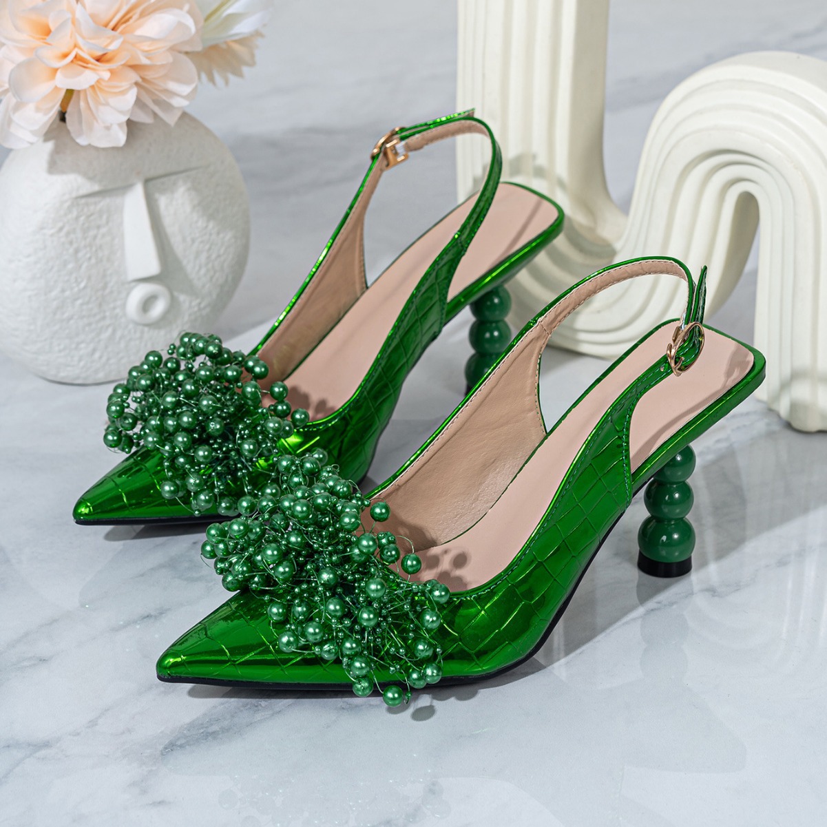 Women Fashion Dressy High Heel Stiletto Open Toe Pump Sandal Full Pearls Ankle Strap Back Zipper Party Wedding Shoes