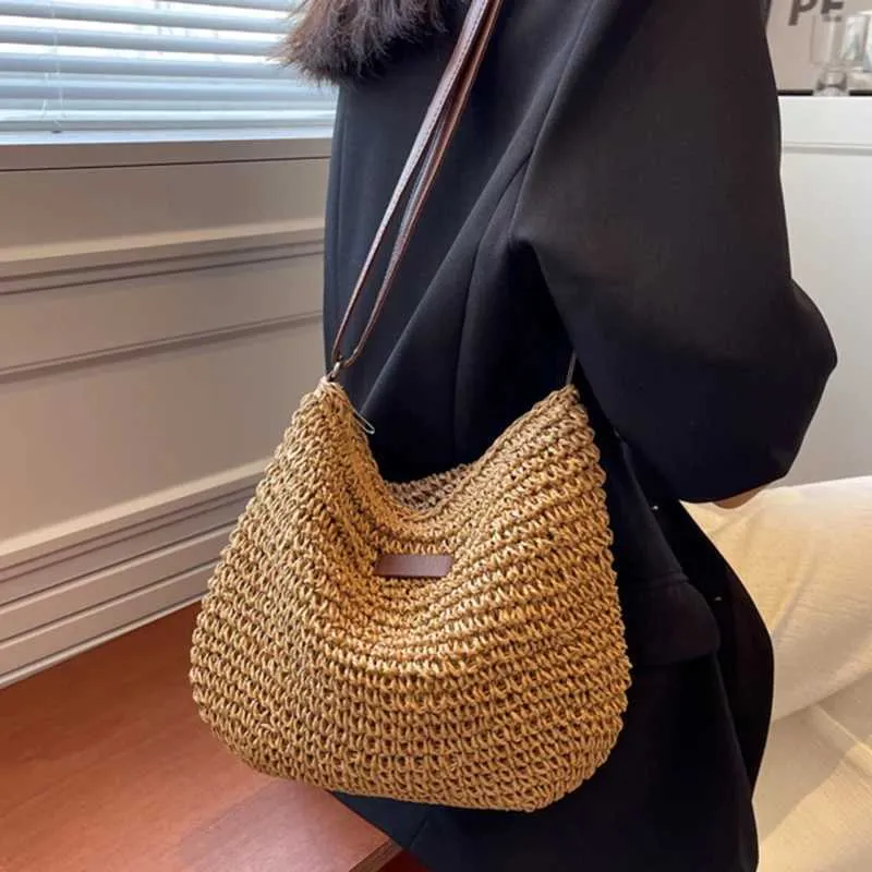 Sac à bandoulière tissé en paille pour l'été, sac à main de grande capacité pour les vacances à la plage, le shopping, les messages_voghion.com